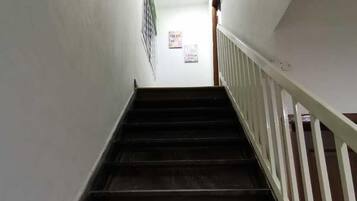 A staircase with wooden steps and white railings leading to an upper floor.