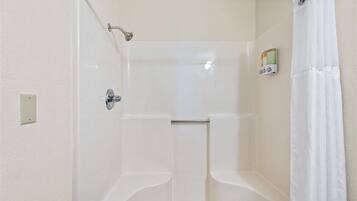 Hair dryer, towels, soap, shampoo