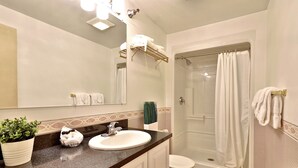 A bathroom with a sink, mirror, shower, and toilet. There is a towel rack above the sink and a plant on the counter. - The Birch Ridge: Mission Room #4 - Queen Suite in Killington, Vermont (Killington)