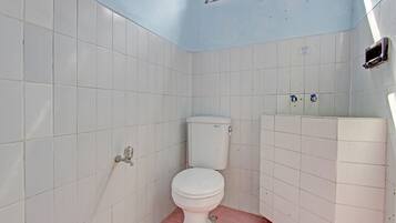 Shower, rainfall showerhead, towels, toilet paper