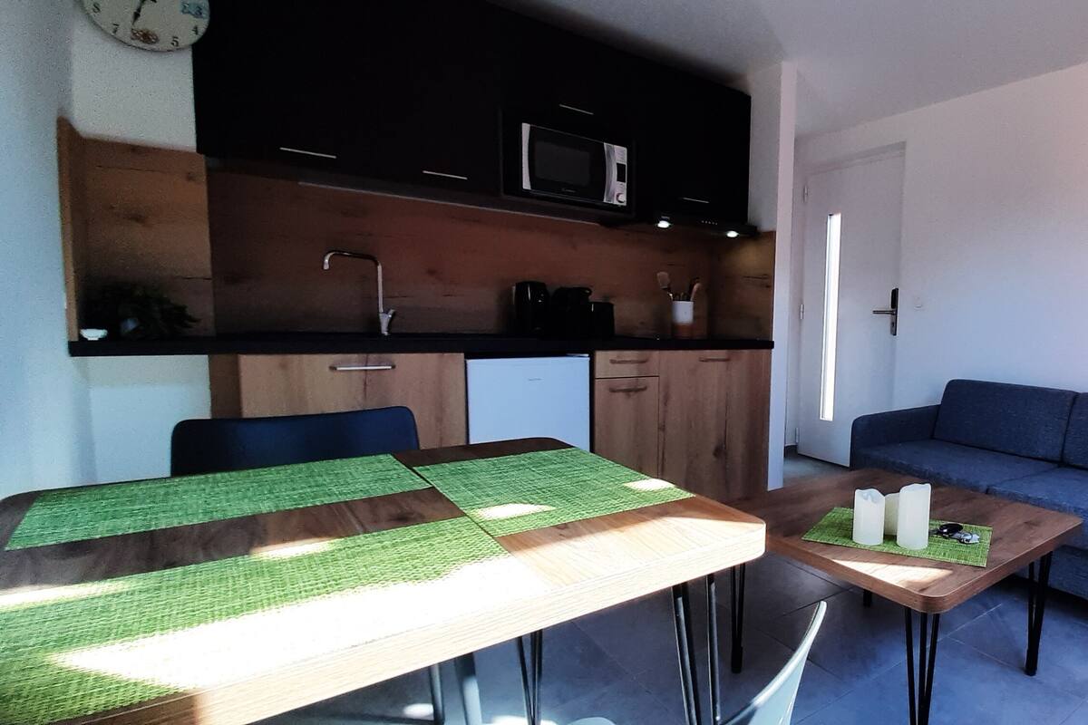A compact living space with a kitchenette, a dining table, a sofa, and a floor lamp.