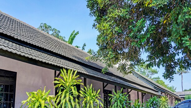 A traditional building with a tiled roof and a covered porch. There are several plants in front of the building, and a motorcycle parked nearby. - SPOT ON 91798 Hotel Grand Mutiara (Cikampek)