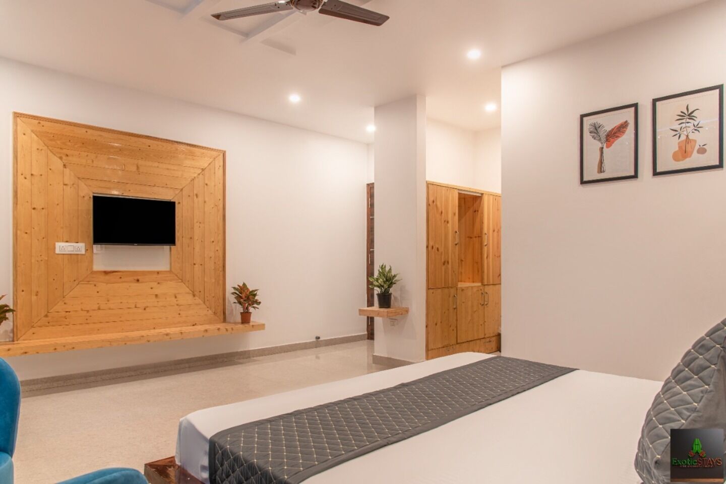 A modern hotel room with a bed, a TV mounted on a wooden wall, a wardrobe, and a small plant.