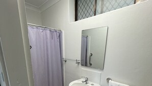 Une petite salle de bain avec une douche, un lavabo et un miroir.