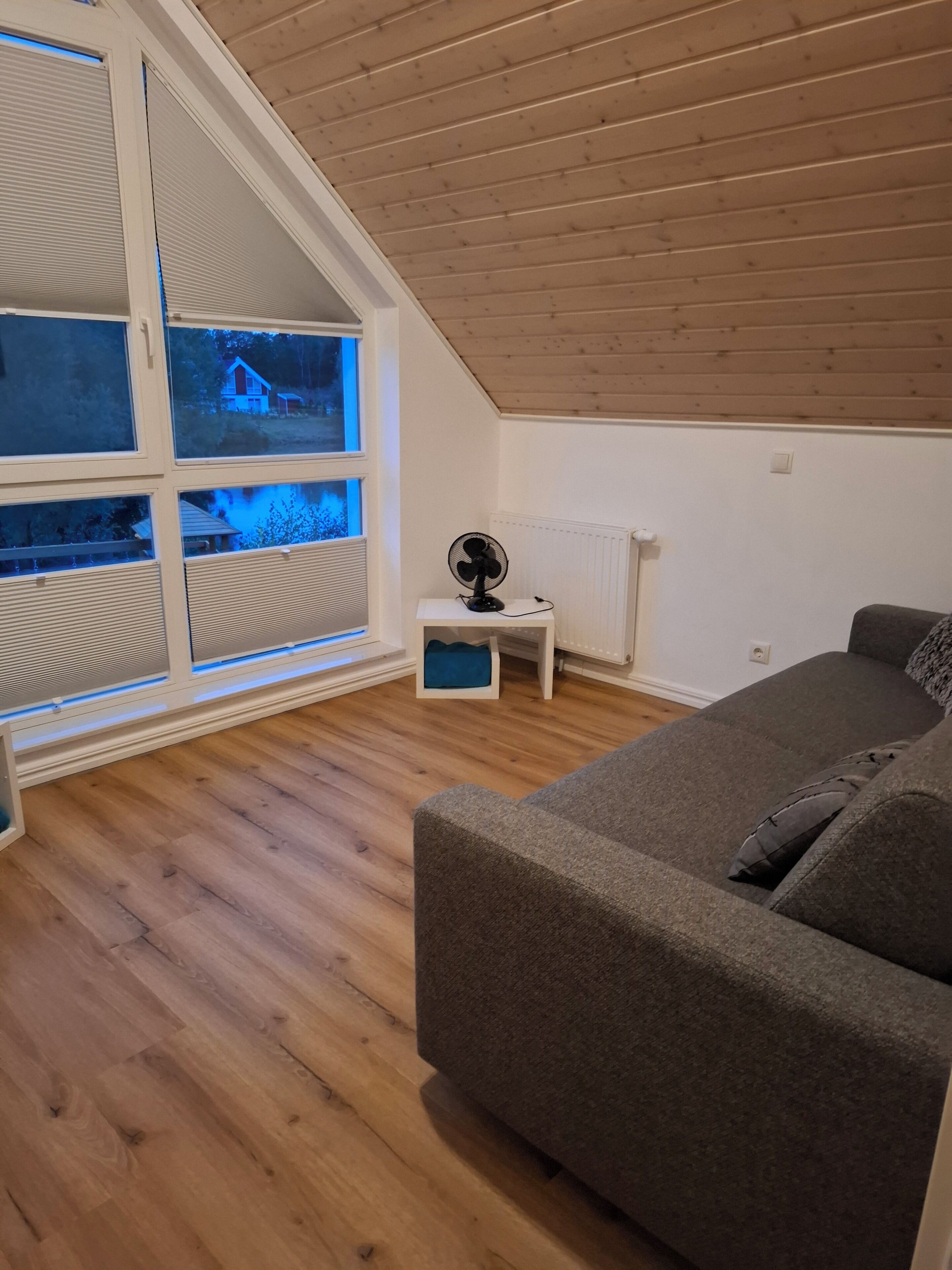 TV, fireplace, books, stereo