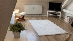 Un dormitorio estilo loft moderno con tragaluces, un radiador blanco, un televisor, una alfombra blanca y una silla de madera.