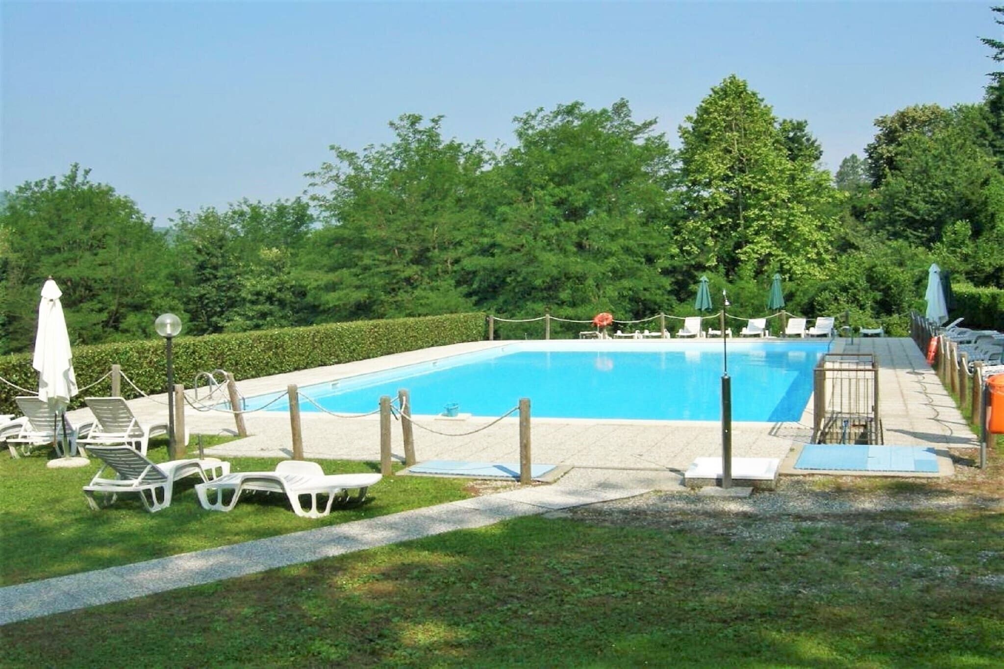 A rectangular swimming pool with a clear blue water surface, surrounded by a low hedge, and equipped with several lounge chairs and umbrellas.