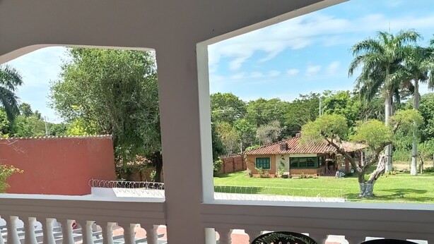 Eine überdachte Terrasse mit Tisch und Stühlen, Blick auf ein Haus und Bäume sowie eine rote Wand im Hintergrund.