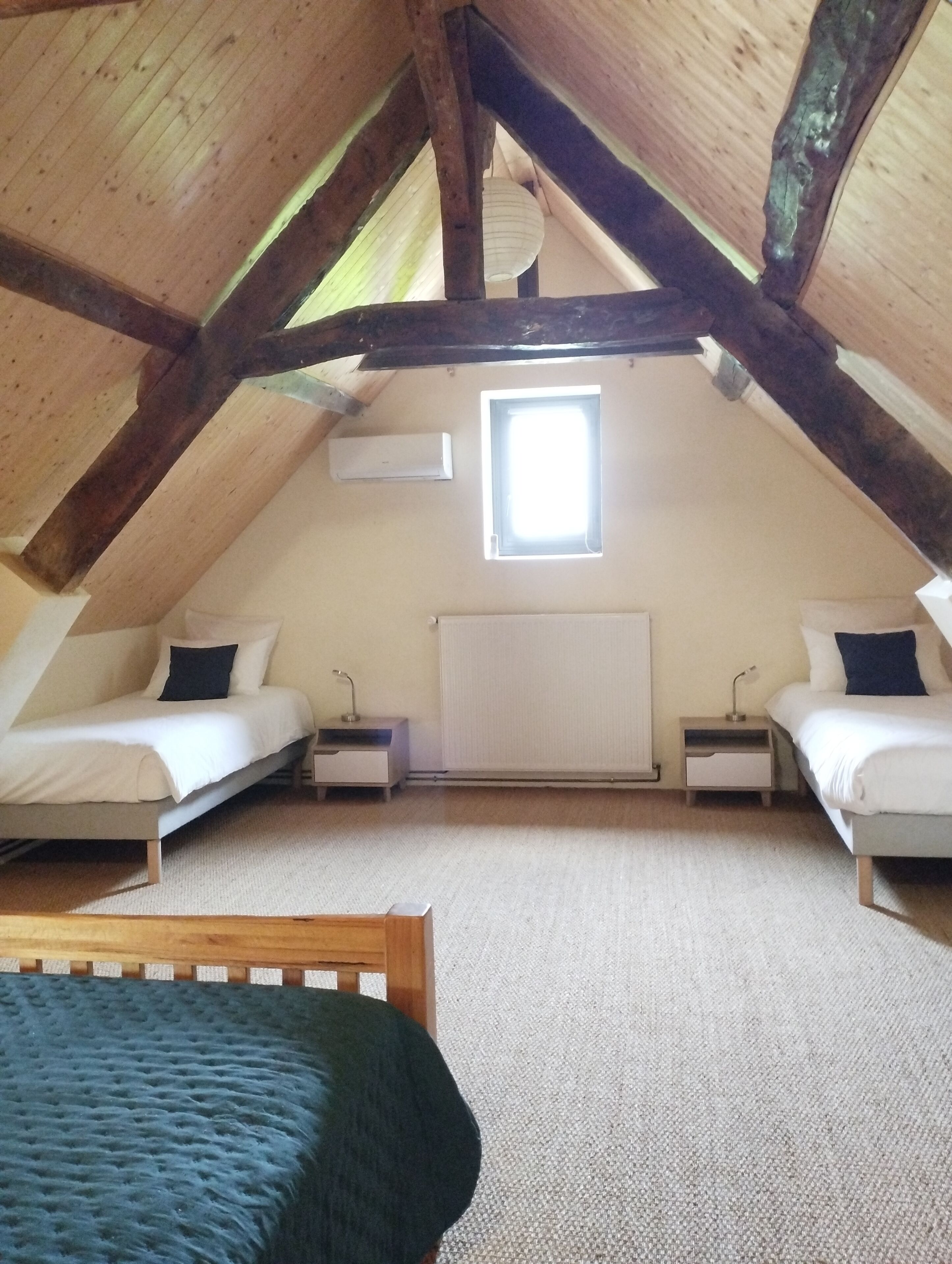 A high-ceilinged room with a sloped roof, two beds, a window, and a radiator.