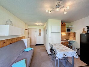A compact living space with a sofa, dining table, kitchenette, and a ceiling light fixture.