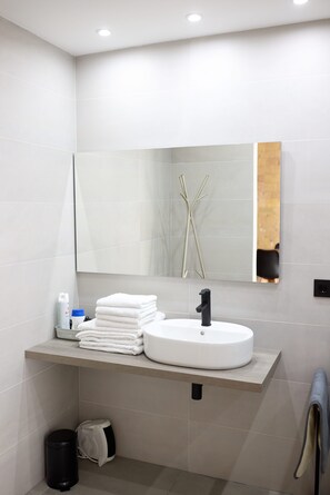 Chuveiro, secador de cabelo, toalhas de banho, sabonete