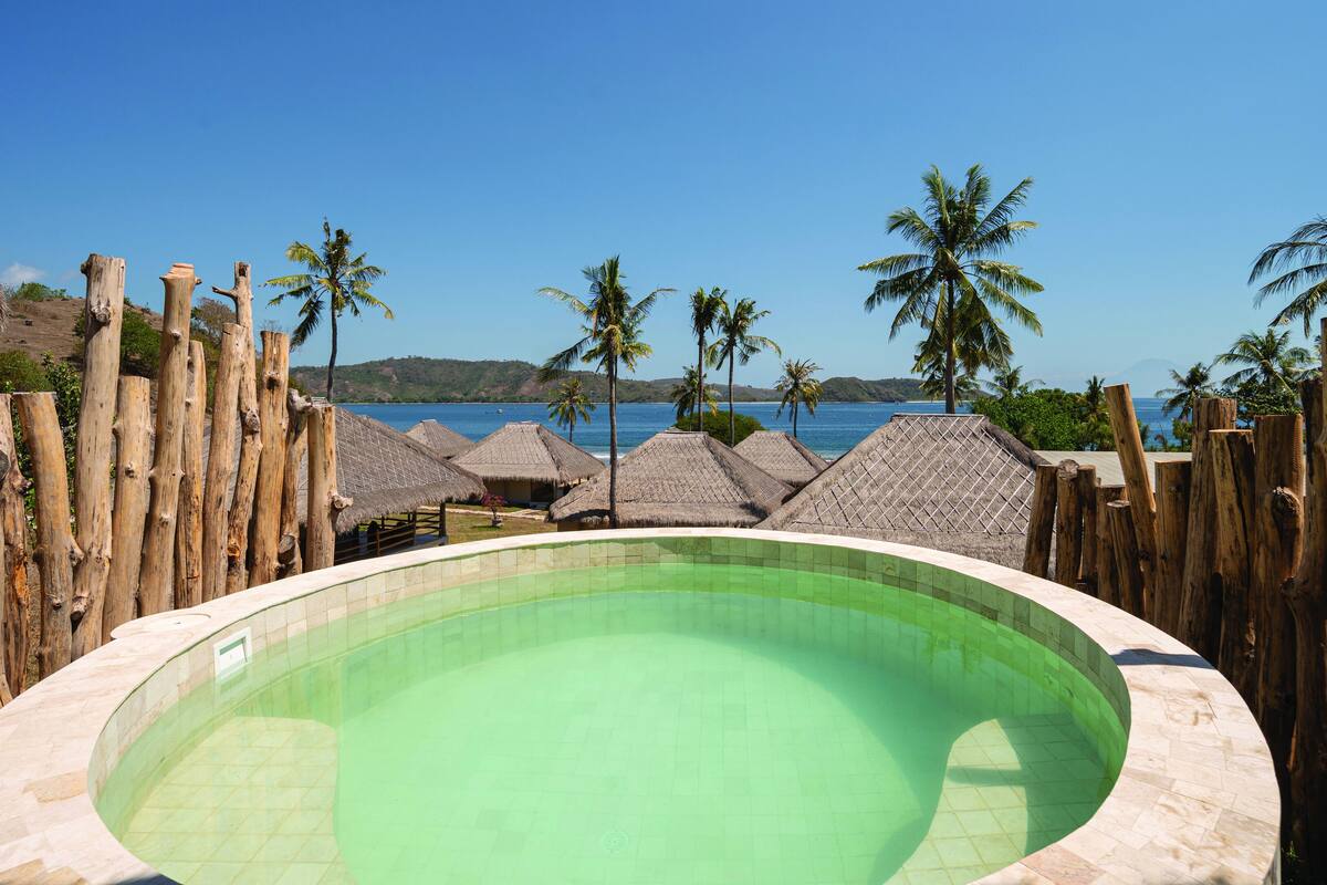 A swimming pool with a clear view of the sea and palm trees in the background.