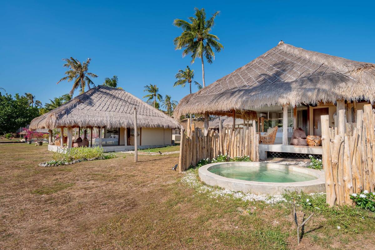 A resort with thatched-roof huts, a pool, and palm trees.