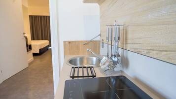 Una cocina moderna con placa de inducción integrada, un lavamanos de acero inoxidable y un escurreplatos.