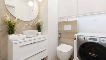 Shower, hair dryer, towels, shampoo