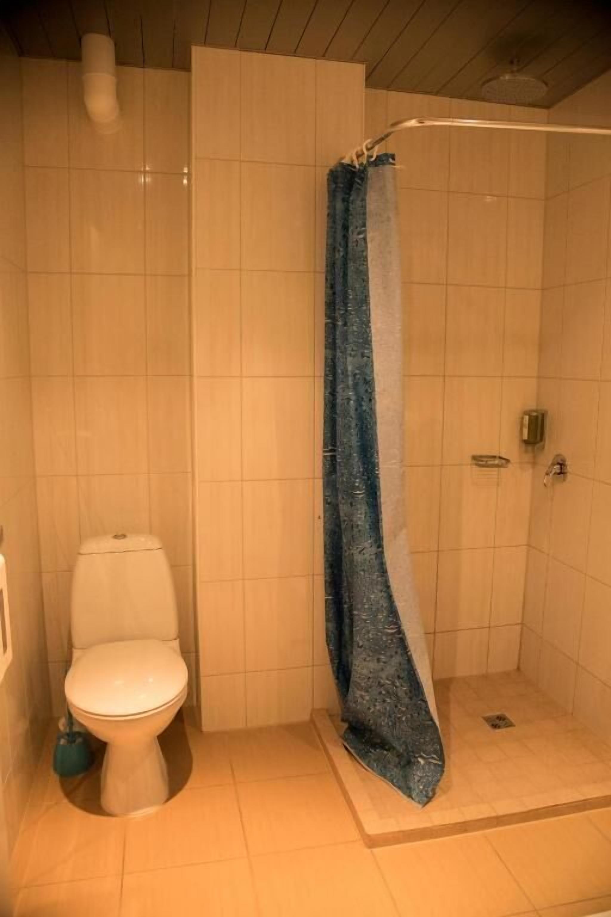 A small bathroom with a toilet, a shower with a blue shower curtain, and tiled walls.
