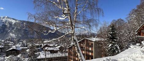 A snow-covered mountain landscape with a building featuring a grid-like facade and a sloped roof.