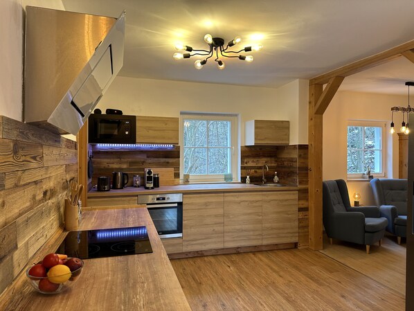 Fridge, microwave, oven, stovetop - Modern vacation home / chalet with forest view in Dresden (Dresden)