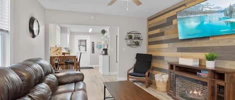 Smart TV, fireplace, books