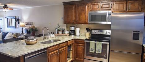 Oven, stovetop, dishwasher, coffee/tea maker