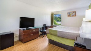 A hotel room with a bed, a desk with a computer, a television, and a window with a view of trees. - Econo Lodge Airport Near Billy Graham Parkway (Charlotte)