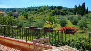 Ein Balkon mit einer hölzernen Bank und Topfpflanzen, mit Blick auf eine üppige grüne Landschaft mit Bäumen und einer Erhebung im Hintergrund.