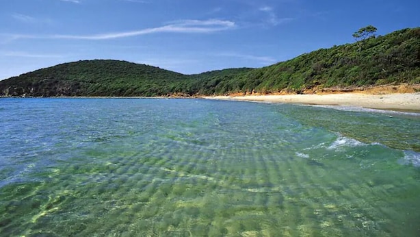 Ein Strand mit klarem Wasser, sandigem Ufer und grünen Hügeln im Hintergrund.