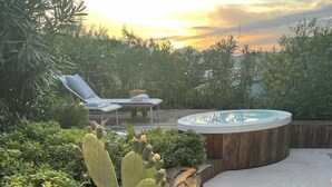 Ein Kaktus im Terrakottatopf, ein Whirlpool und eine Holzterrasse mit Liegestühlen.