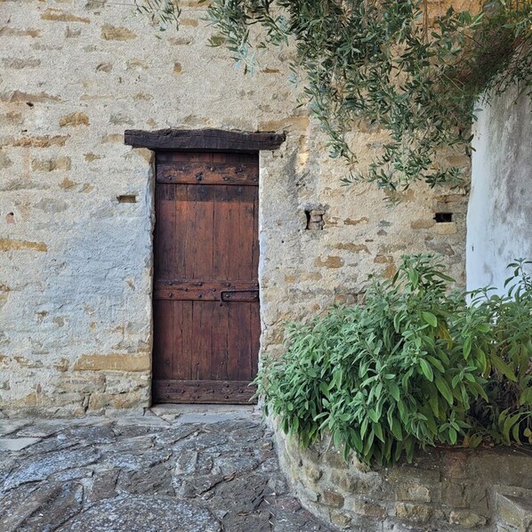Un rústico edificio de piedra con puerta de madera, pared de piedra y algo de follaje.