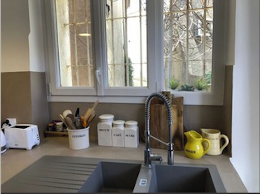 A kitchen with a double sink, a window with a view of greenery, and various kitchen utensils and containers.