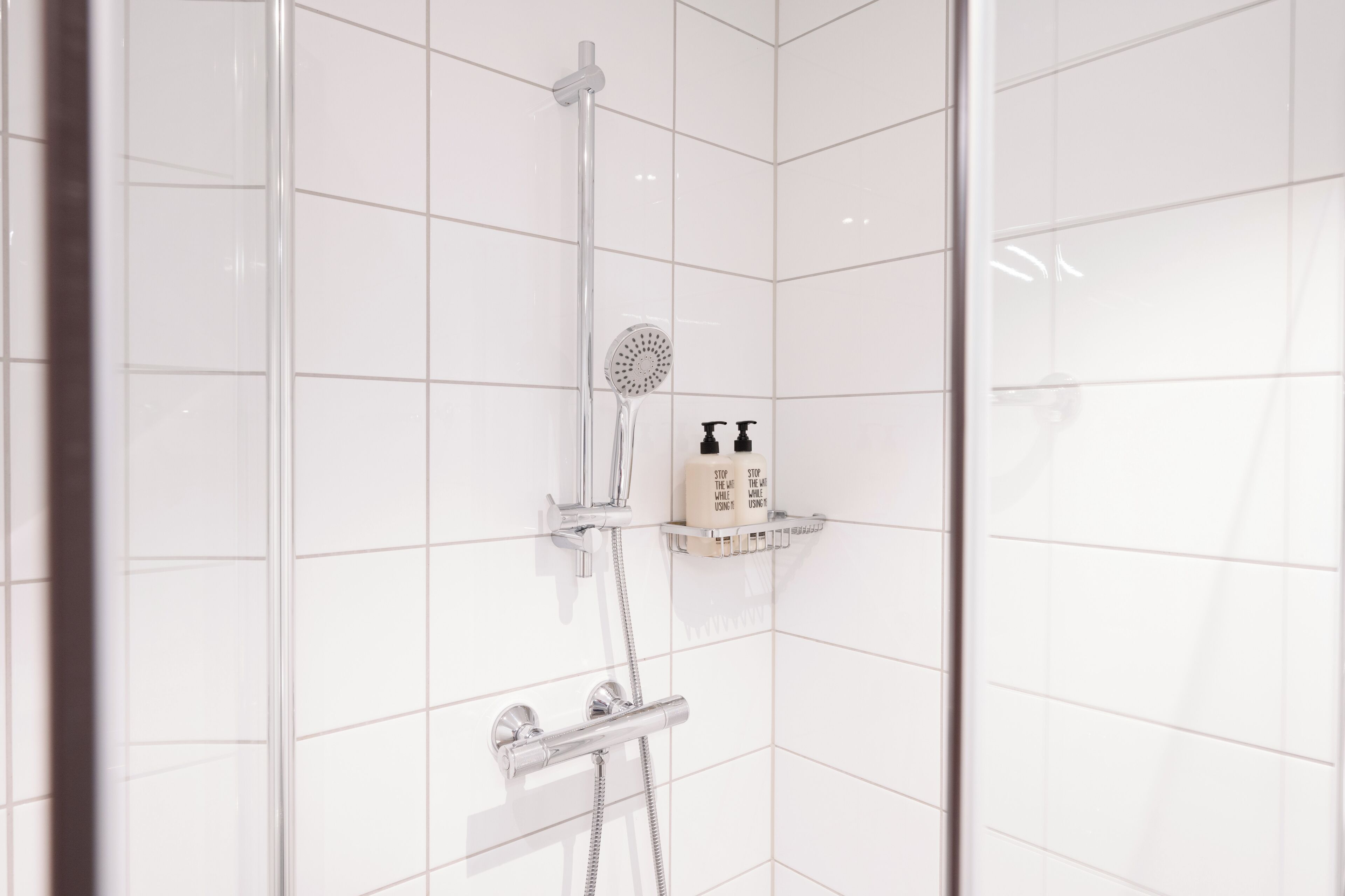 Un espace douche équipé d’un pommeau de douche à main, d’un pommeau de douche fixé au mur et d’un distributeur de savon placé sur une étagère.