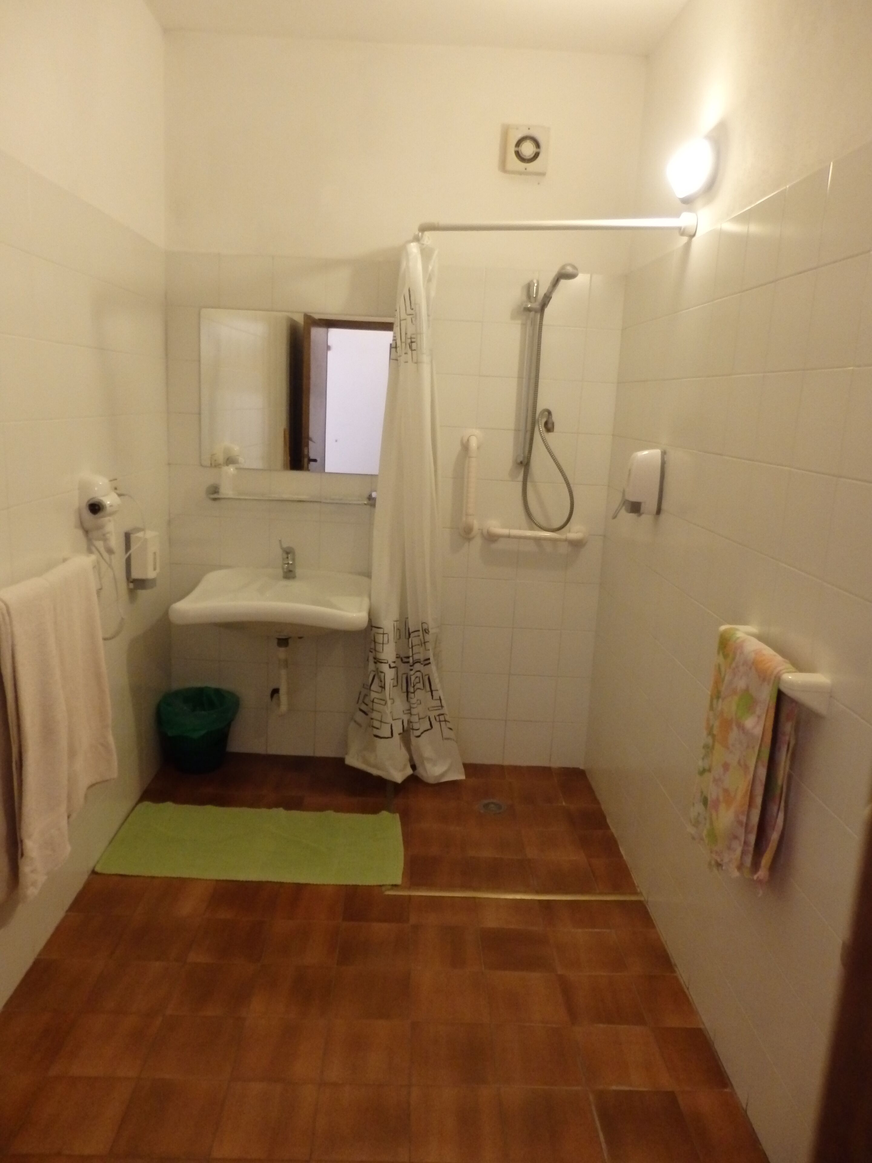 A small bathroom with a shower, sink, and a mirror.