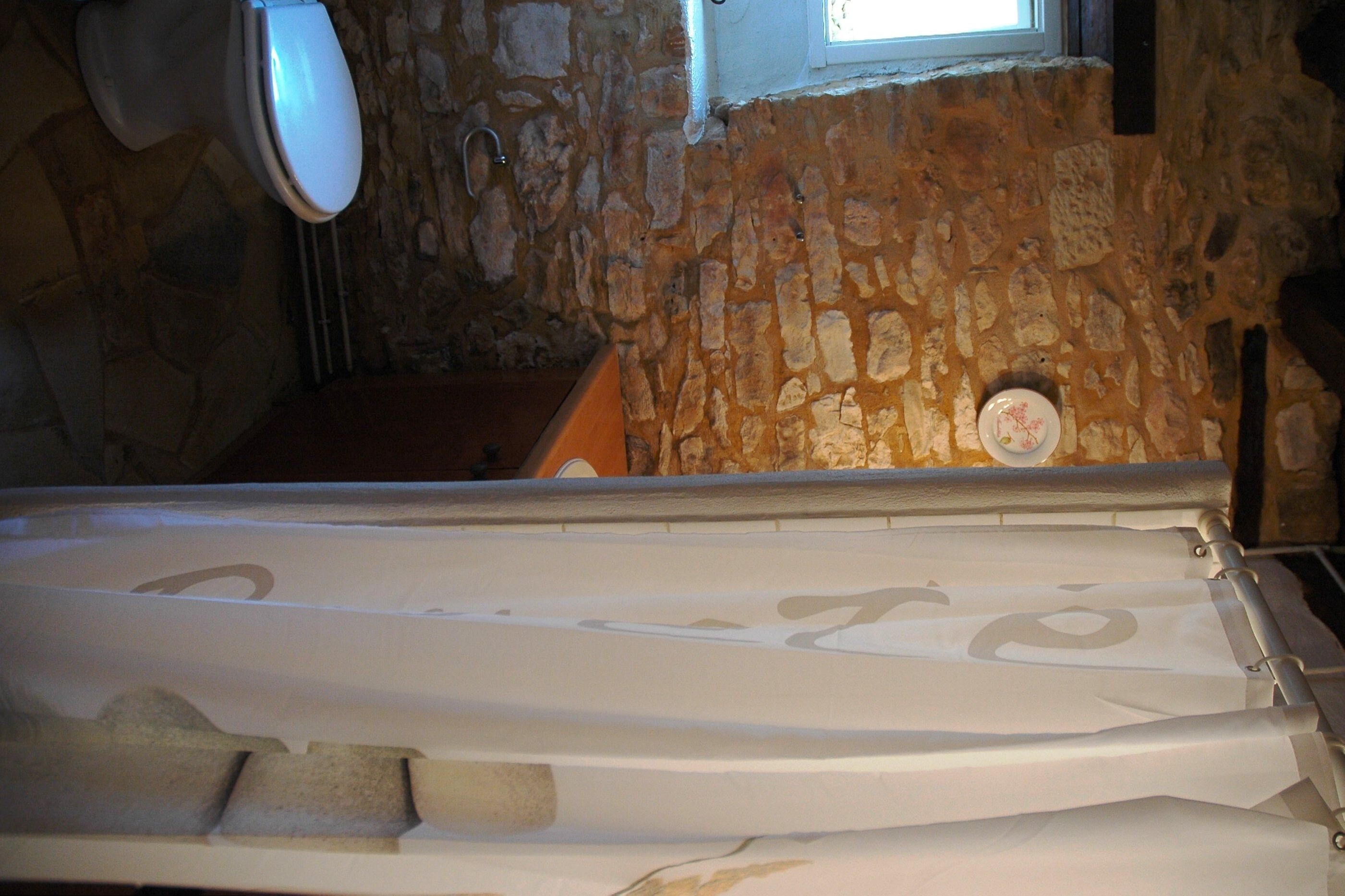 Un baño con paredes de piedra, un inodoro blanco, zona de ducha y una puerta a la vista.