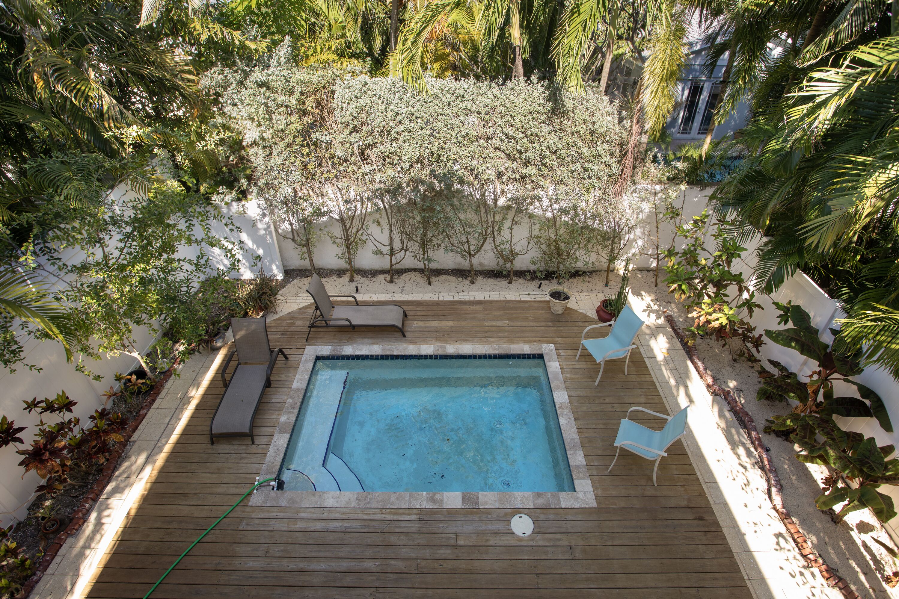 A rectangular pool with a wooden deck, surrounded by white walls and lush greenery.