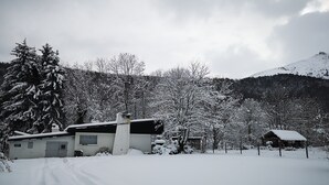Een besneeuwde landweg met huizen en bomen.