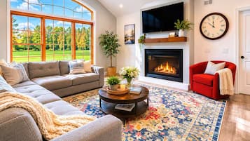 Una Smart TV, una chimenea, libros, una pantalla de ordenador