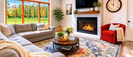 Smart TV, fireplace, books, computer monitors