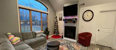 Smart TV, fireplace, books, computer monitors