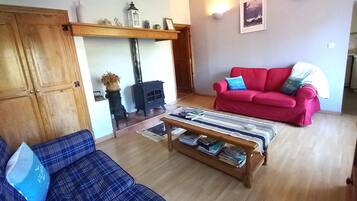 Televisie, een open haard, een dvd-speler en een tafeltennistafel