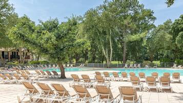 Un espace aménagé au bord de la piscine, avec des chaises longues disposées en rangées, une piscine et des arbres environnants.