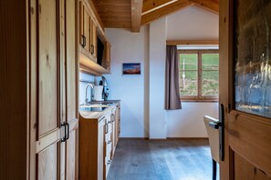 Fridge, stovetop, dishwasher, coffee/tea maker