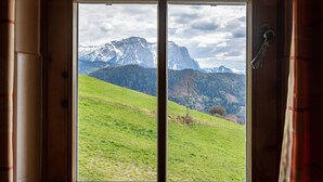 Une fenêtre donnant sur une colline verdoyante et des montagnes aux sommets enneigés.