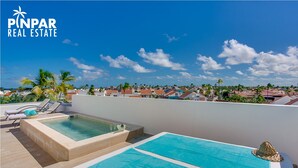 A rooftop pool area with lounge chairs and a hot tub, overlooking a residential neighborhood.