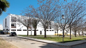 A white building with multiple windows and balconies, a sidewalk, and trees with sparse leaves.