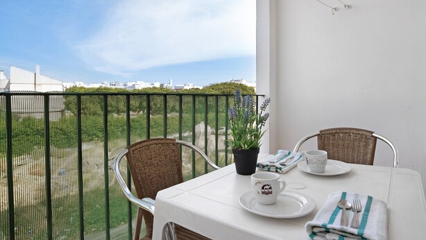 Ein Balkon mit Tisch für zwei Personen, einem Blumentopf und Blick auf eine grüne Landschaft.