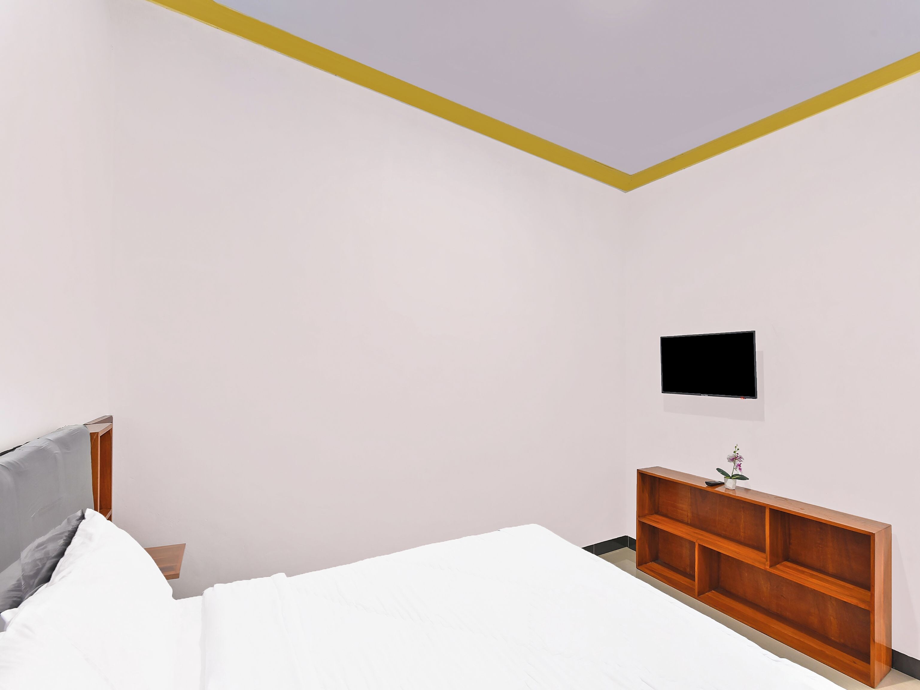Un dormitorio con cama, una mesita de noche de madera, un televisor montado en la pared y un estante pequeño con una planta.