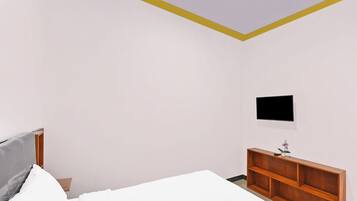 Un dormitorio con cama, una mesita de noche de madera, un televisor montado en la pared y un estante pequeño con una planta.