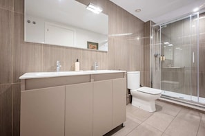 Combined shower/tub, hair dryer, towels