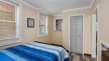 A bedroom with a bed, two windows with blinds, a door, and a small closet.