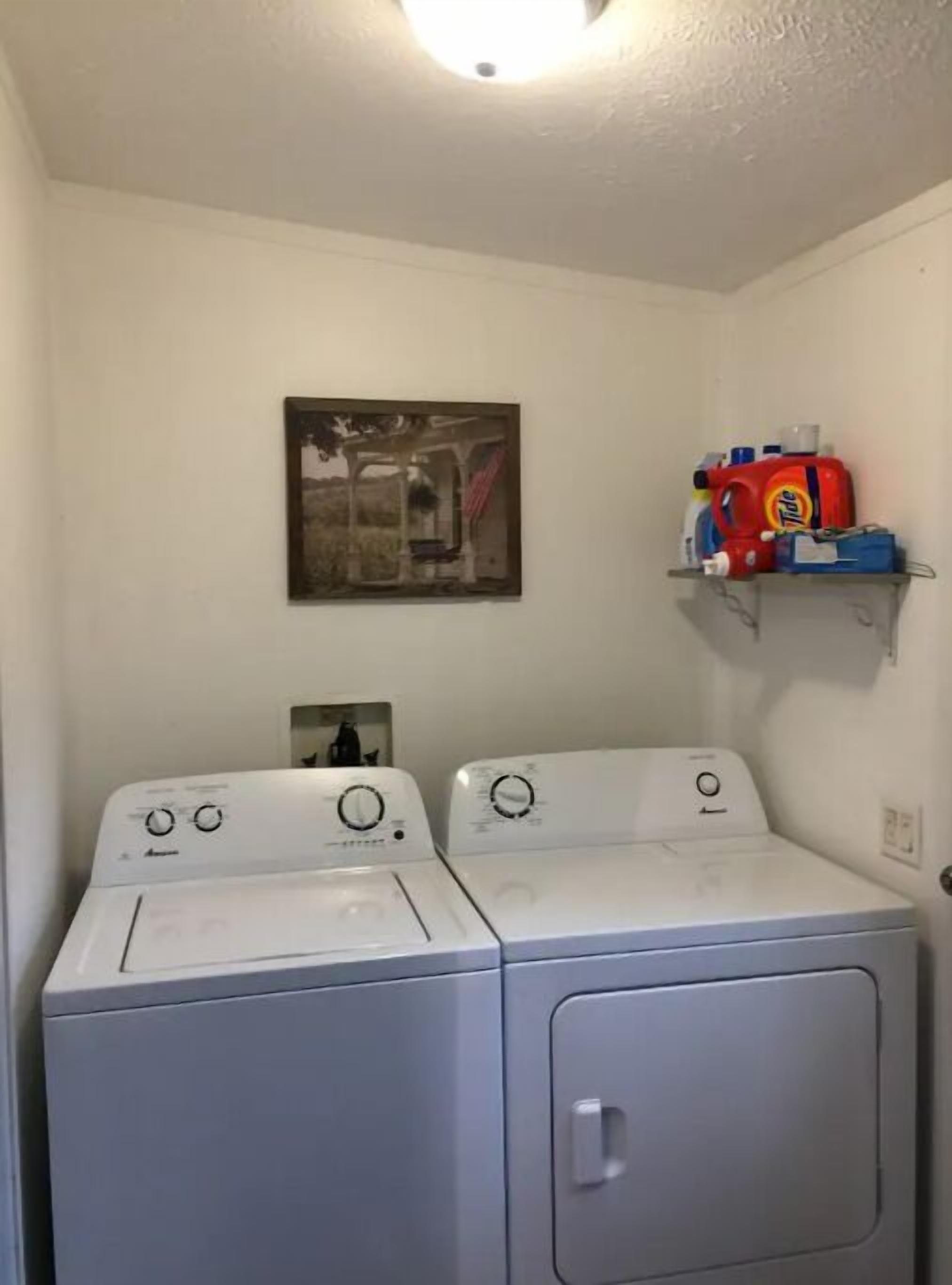 A laundry area with two front-loading washing machines, a shelf with laundry supplies, and a framed picture on the wall.